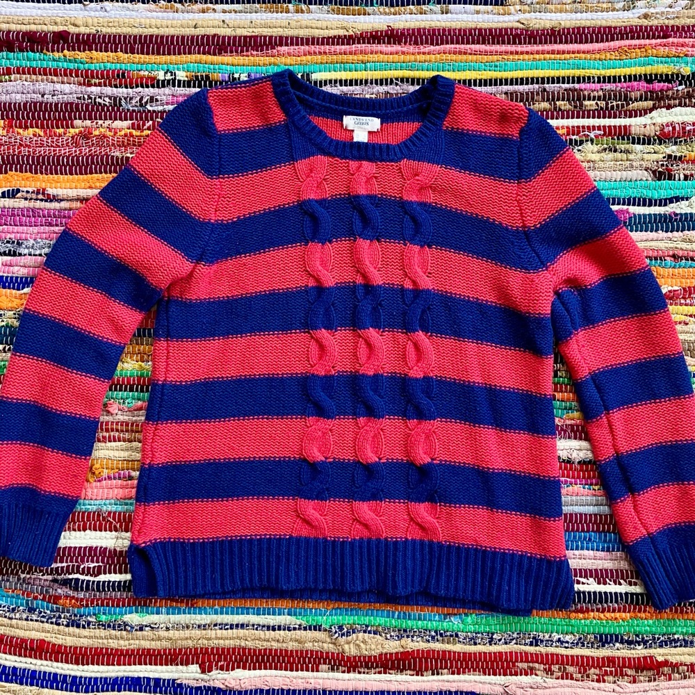 Lands' End Canvas ~ Red navy stripe cable knit cotton wool sweater
